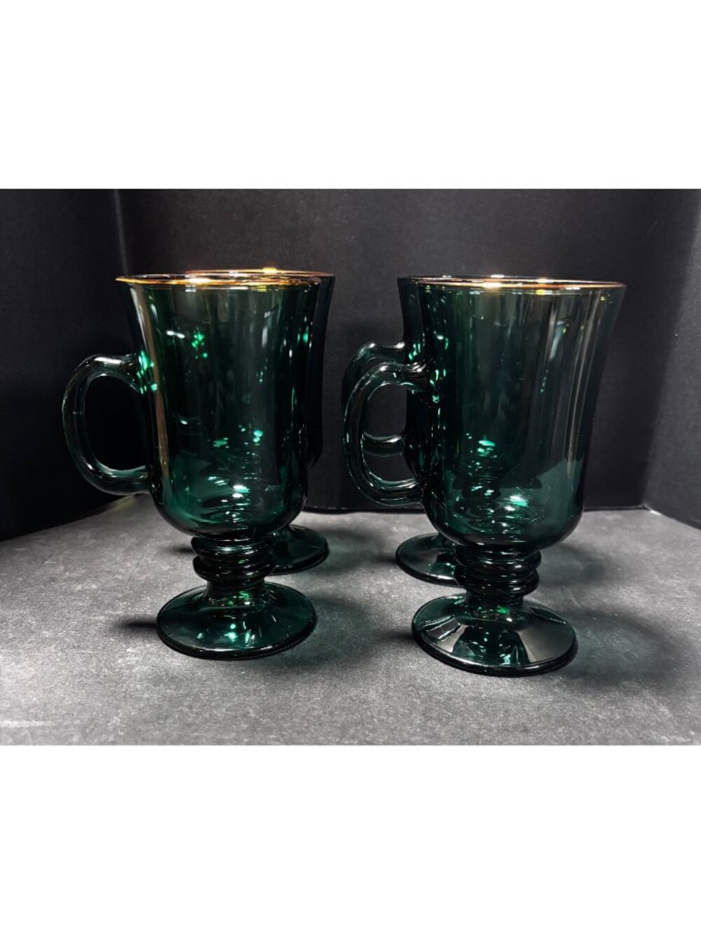 Libbey Juniper Green Glass Footed Coffee Mugs With Gold Rim Accent Vintage 80s